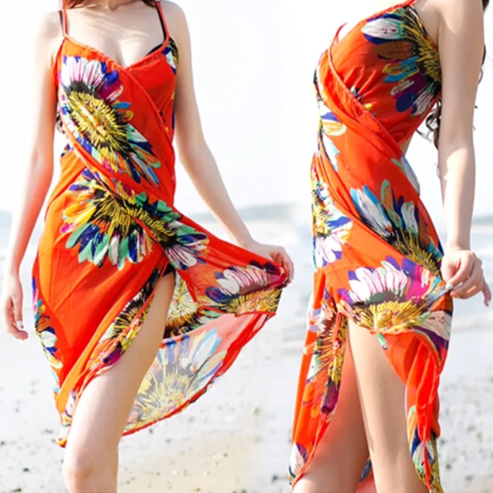 Orange Floral Chiffon Swim Wrap Sarong Cover Up - Picture 1 of 4